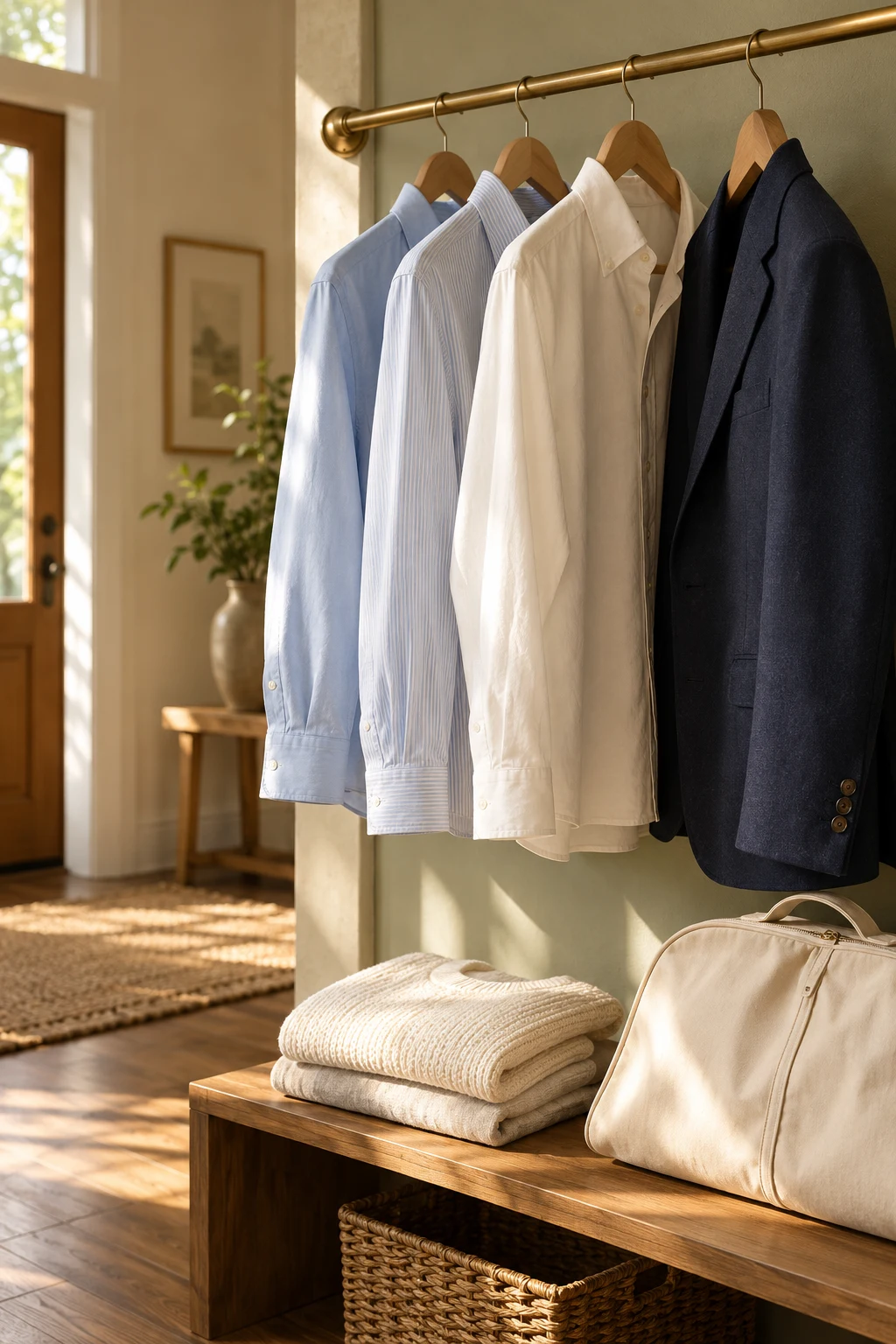 Freshly pressed shirts and a navy blazer on wooden hangers in a sunlit home